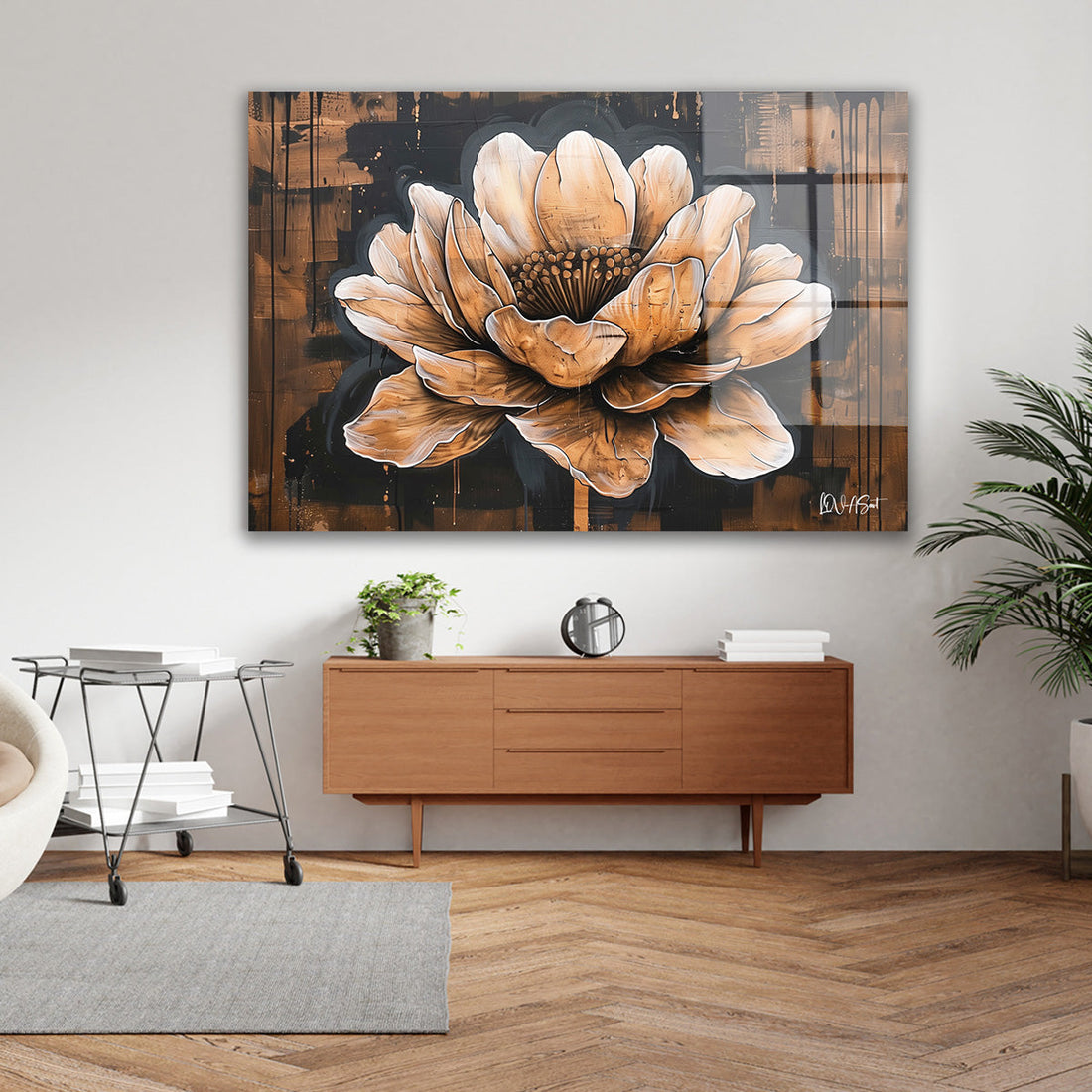 Ahşap Zeminde Lotus cam tablo — iç mekân uygulama örneği