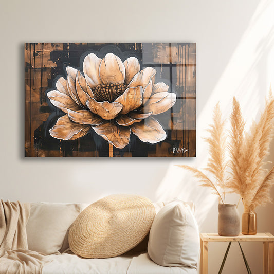 Ahşap Zeminde Lotus cam tablo — farklı açıdan görünüm