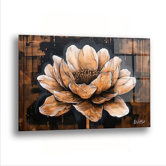 Ahşap Zeminde Lotus cam tablo — Koyu bir zeminin ortasında iri bir lotus, tek başına aydınlık.