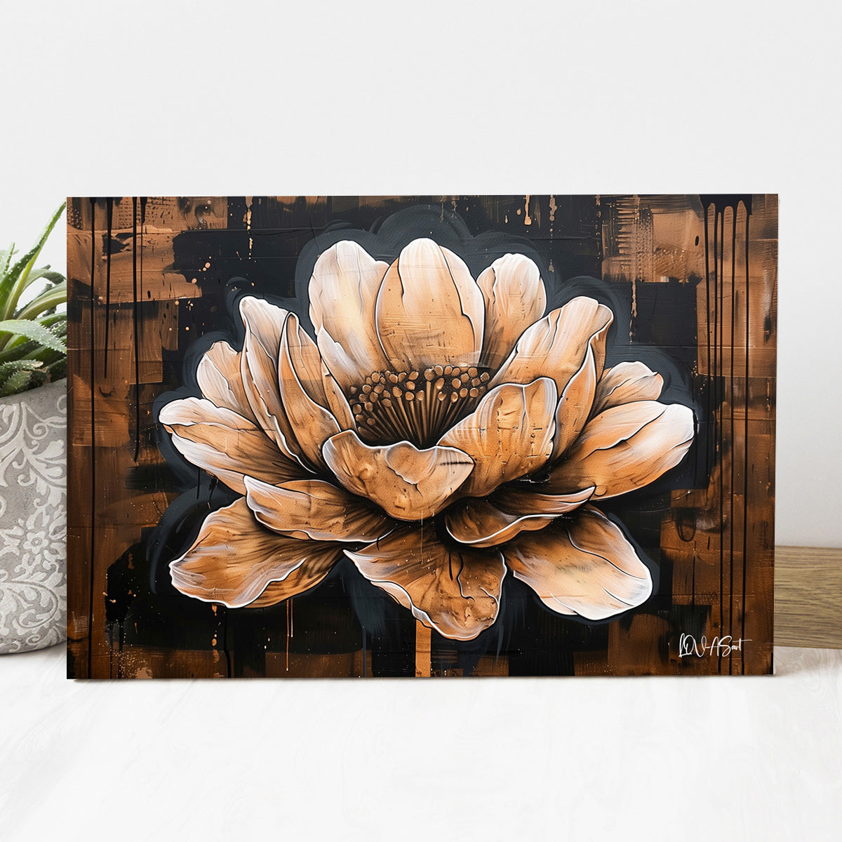 Ahşap Zeminde Lotus kanvas tablo — iç mekân uygulama örneği