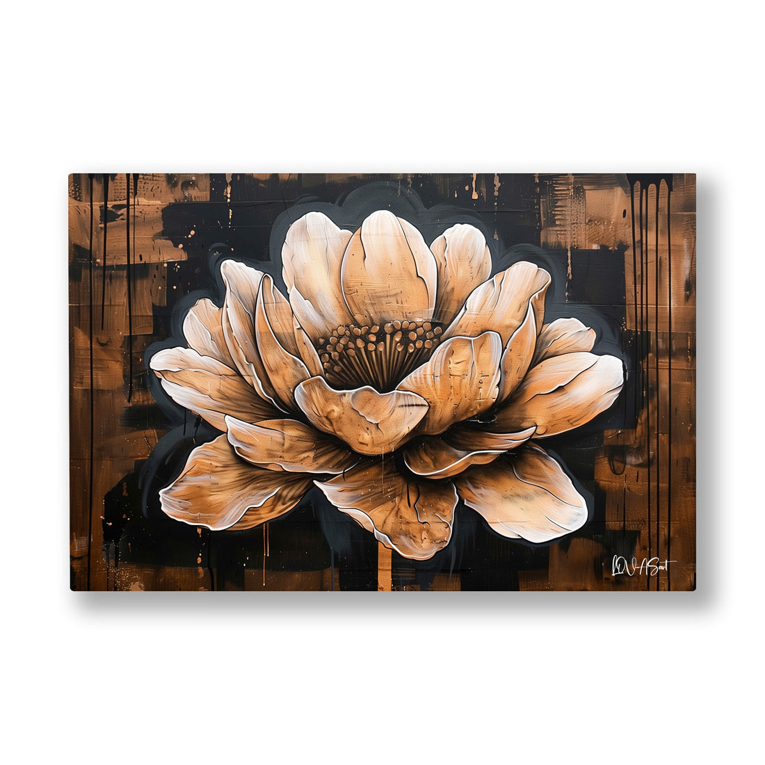 Ahşap Zeminde Lotus kanvas tablo — Koyu ahşap bir zeminde katman katman açılan iri krem bir lotus çiçeği.