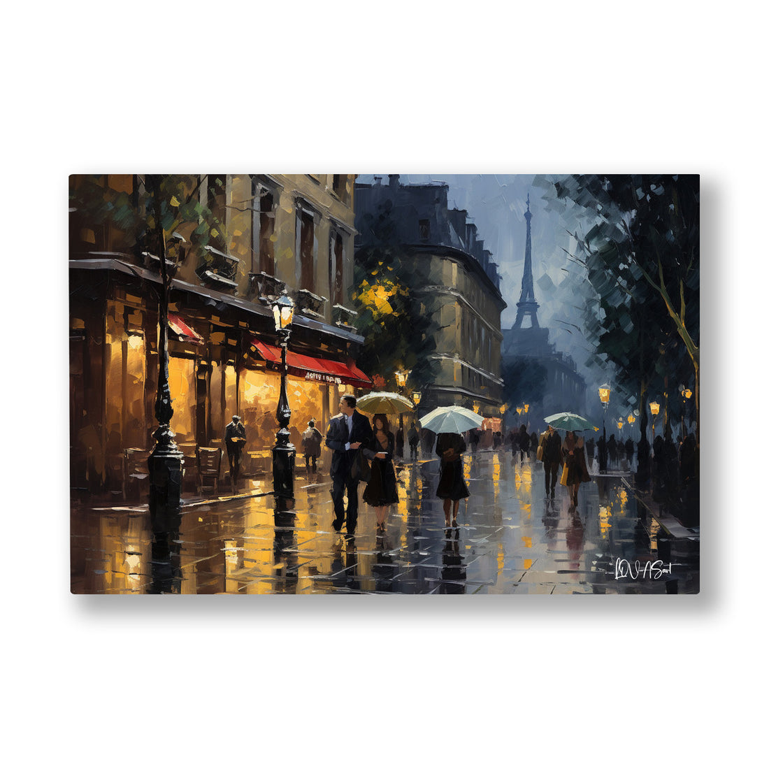 Akşam Paris Sokağı kanvas tablo — Yağmurda parlayan Paris kaldırımında şemsiyeli siluetler ve uzakta kule.