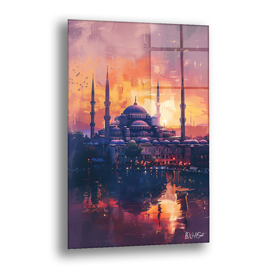Alacakaranlık Camii cam tablo — turuncu bir gün batımının önünde mor silüete dönüşen kubbe ve minareleri suya yansıtan çarpıc