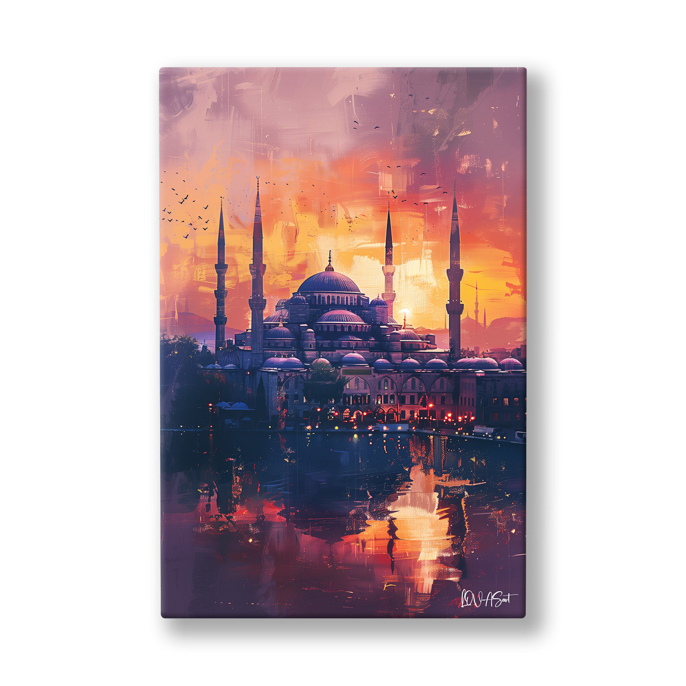 Alacakaranlık Camii kanvas tablo — Turuncu bir gün batımında minareleriyle yükselen cami ve suya düşen ışık.
