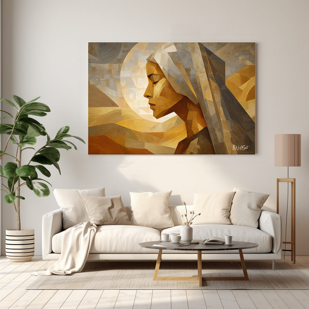 Altın Ay ve Kadın kanvas tablo — duvarda dekorasyon görünümü