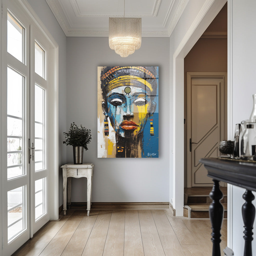 Altın Başlıklı Kadın cam tablo — iç mekân uygulama örneği