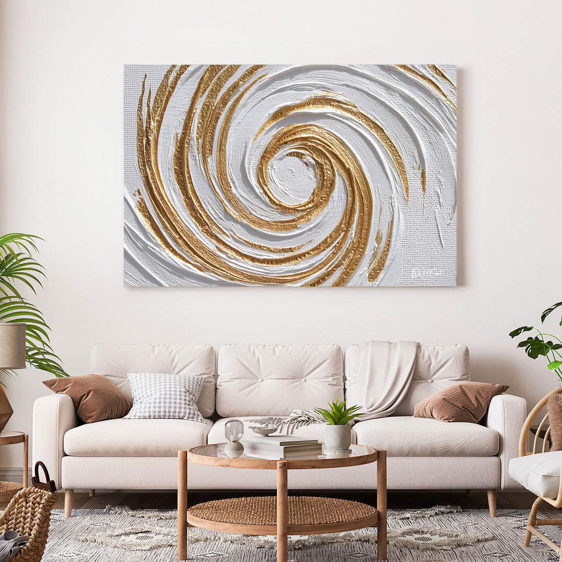 Altın Beyaz Spiral kanvas tablo — farklı açıdan görünüm