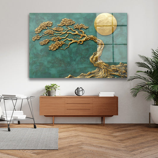 Altın Bonsai cam tablo — iç mekân uygulama örneği