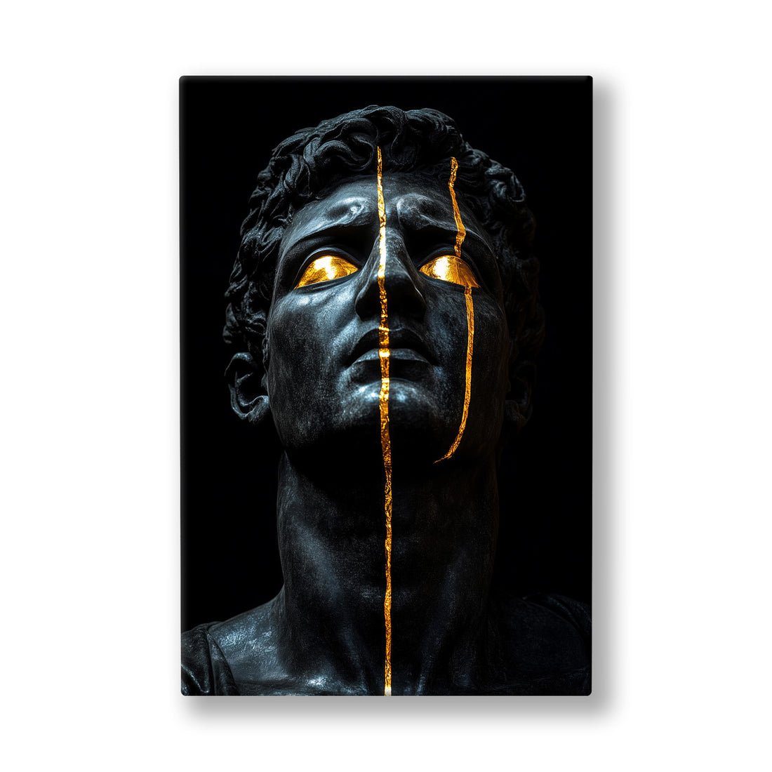 Altın Çatlaklı Heykel kanvas tablo — Karanlıkta duran bir heykel yüzünden aşağı tek bir altın iz süzülüyor.