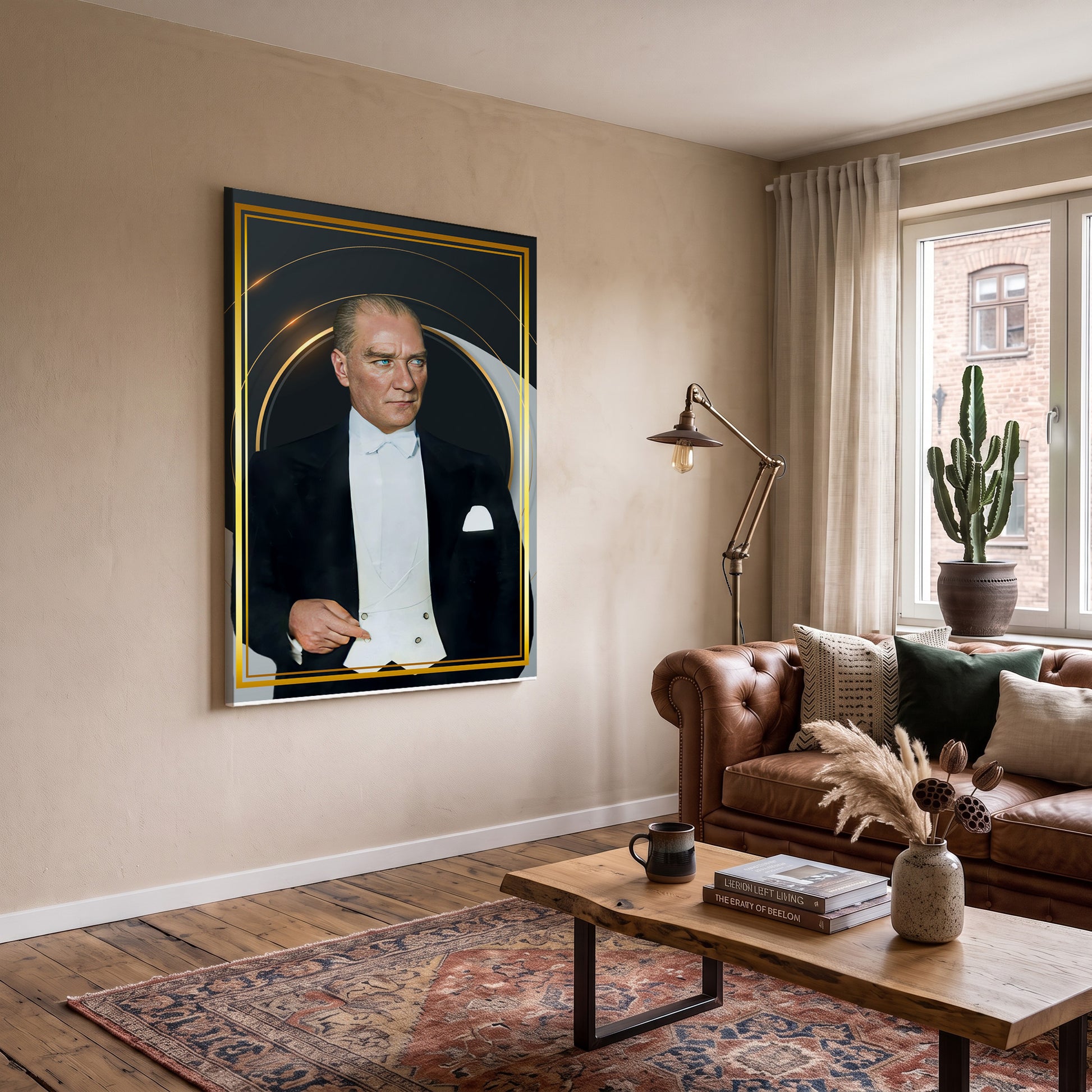 Altın Çerçeveli Atatürk Portresi kanvas tablo — iç mekân uygulama örneği