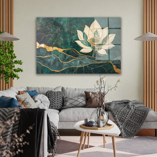 Altın Çizgili Krem Lotus cam tablo — duvarda dekorasyon görünümü