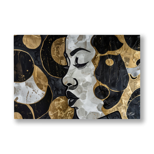Altın Daireli Yüzler kanvas tablo — Siyah beyaz dairelerin arasından beliren gözleri kapalı iki kadın yüzü.