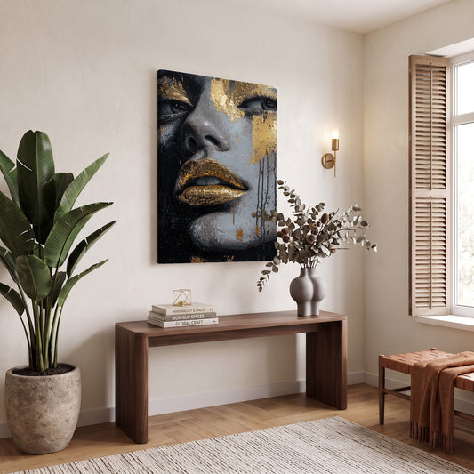 Altın Dudaklı Kadın 2 kanvas tablo — iç mekân uygulama örneği