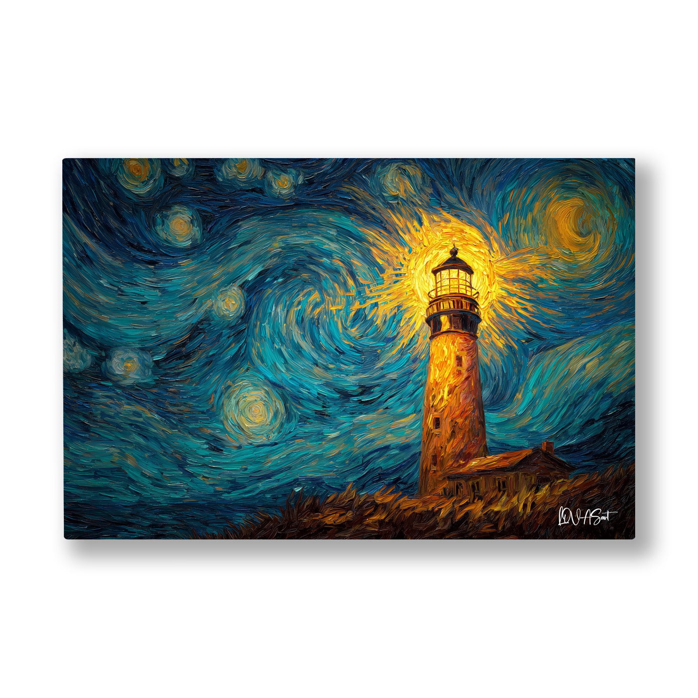 Altın Fener Girdabı kanvas tablo — Van Gogh girdaplarının ortasında ışığını savuran bir deniz feneri.
