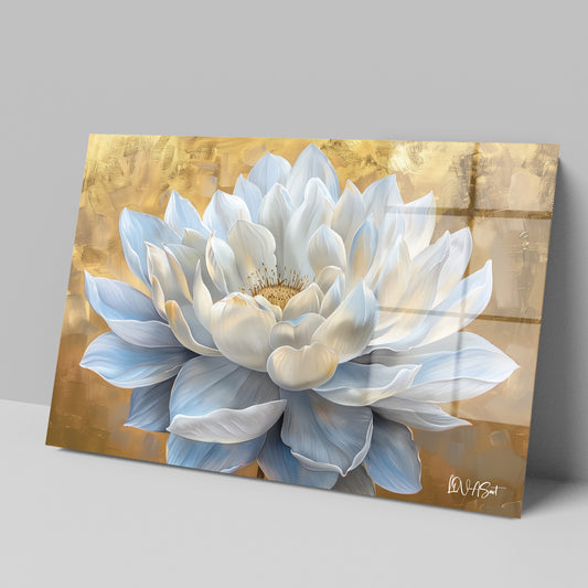Altın Fonda Beyaz Lotus cam tablo — iç mekân uygulama örneği
