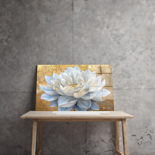Altın Fonda Beyaz Lotus cam tablo — farklı açıdan görünüm