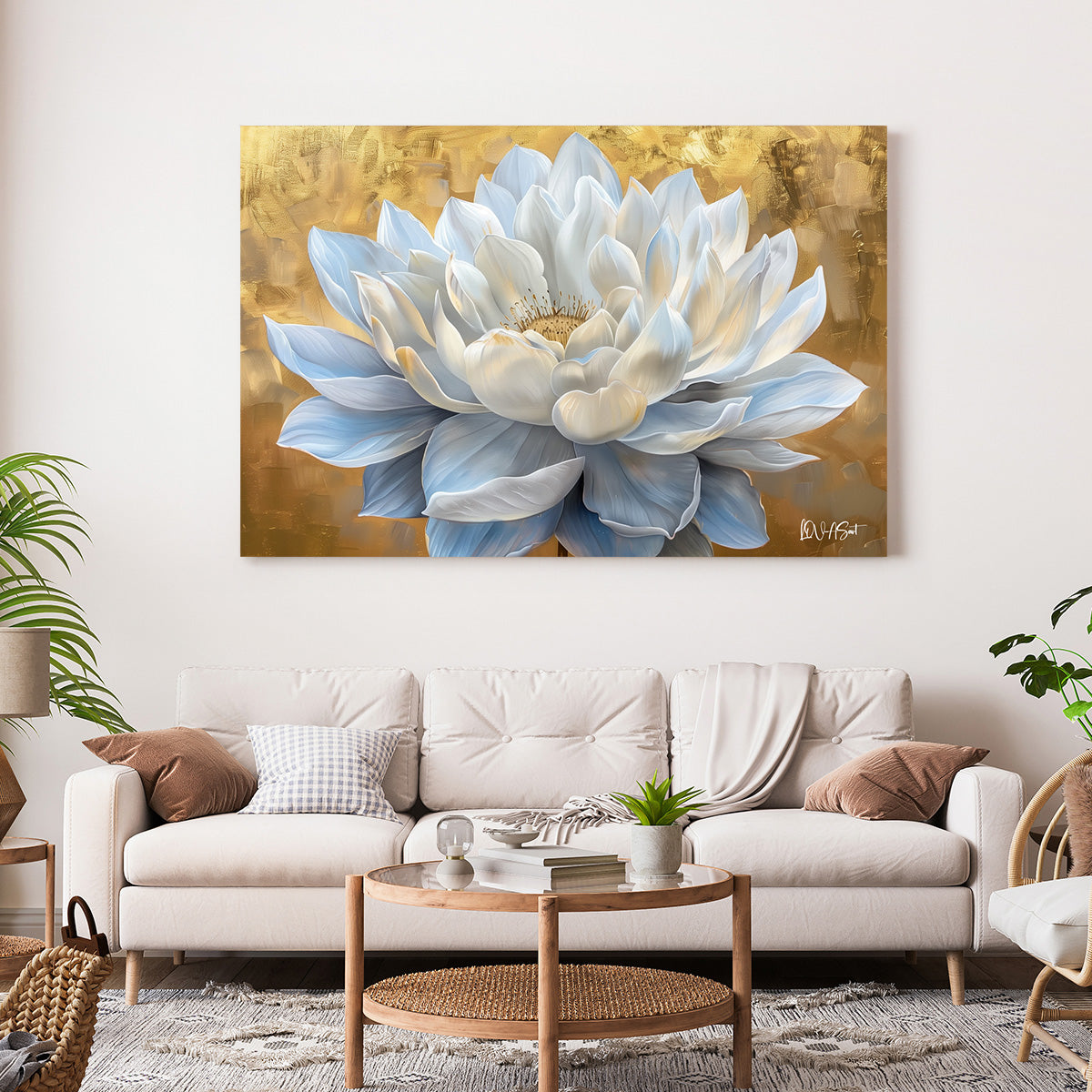 Altın Fonda Beyaz Lotus kanvas tablo — farklı açıdan görünüm