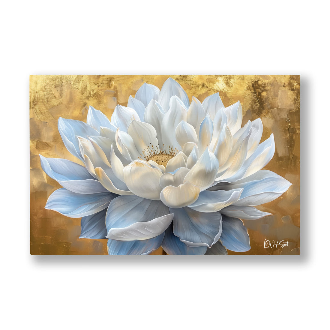 Altın Fonda Beyaz Lotus kanvas tablo — Altın sarısı bir gölün üstünde açılmış kar beyazı bir lotus çiçeği.