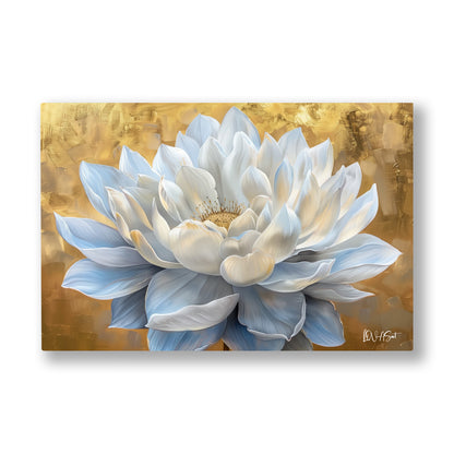 Altın Fonda Beyaz Lotus kanvas tablo — Altın sarısı bir gölün üstünde açılmış kar beyazı bir lotus çiçeği.