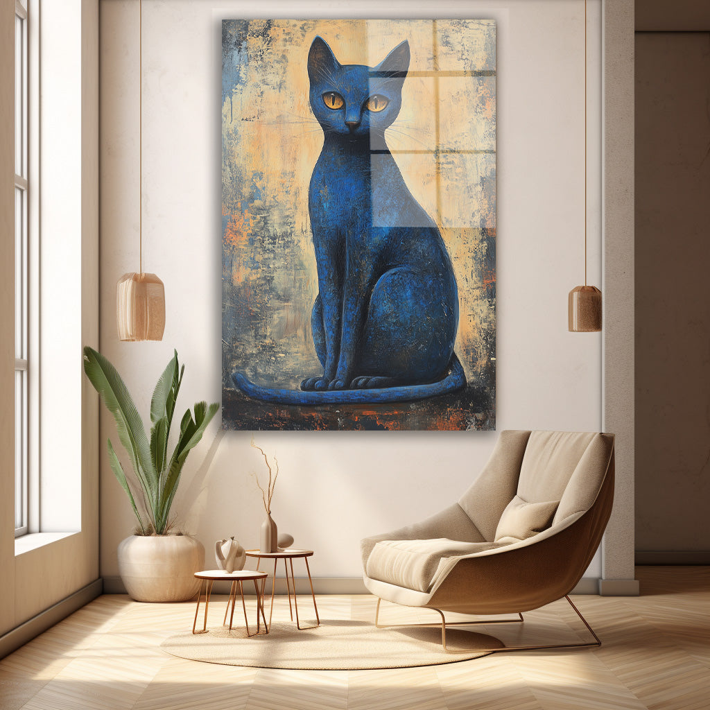 Altın Fonda Lacivert Kedi cam tablo — duvarda dekorasyon görünümü