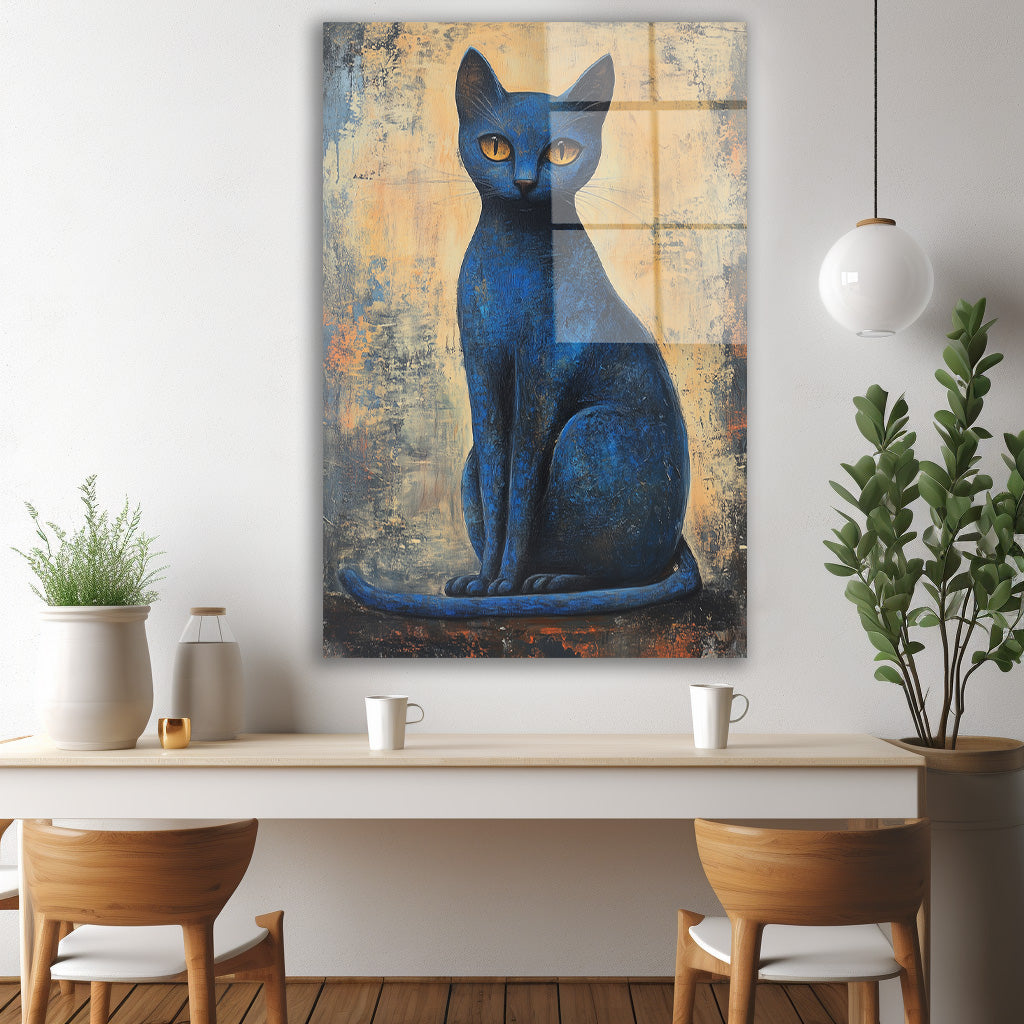 Altın Fonda Lacivert Kedi cam tablo — iç mekân uygulama örneği