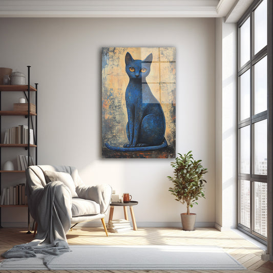 Altın Fonda Lacivert Kedi cam tablo — farklı açıdan görünüm