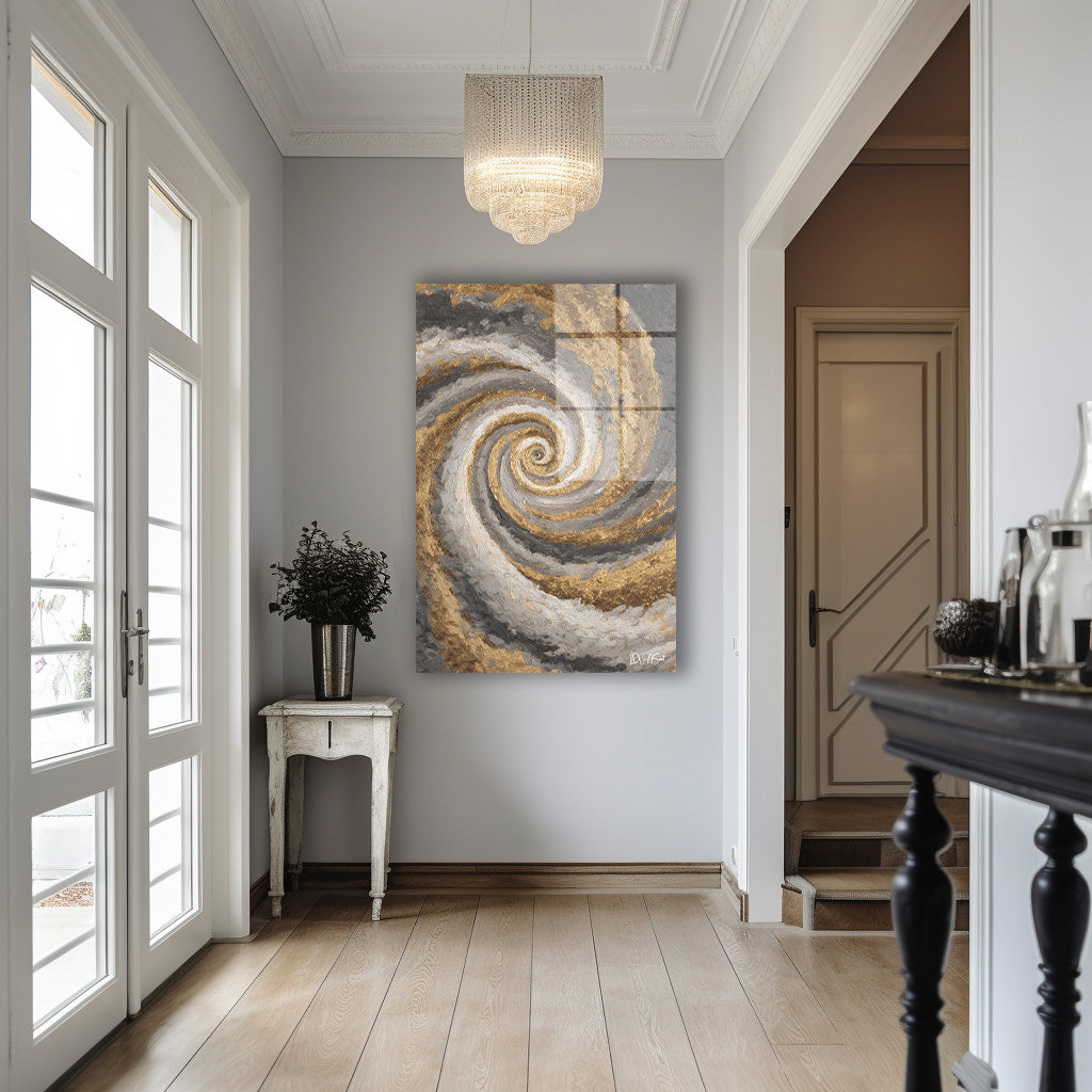 Altın Gri Spiral cam tablo — iç mekân uygulama örneği