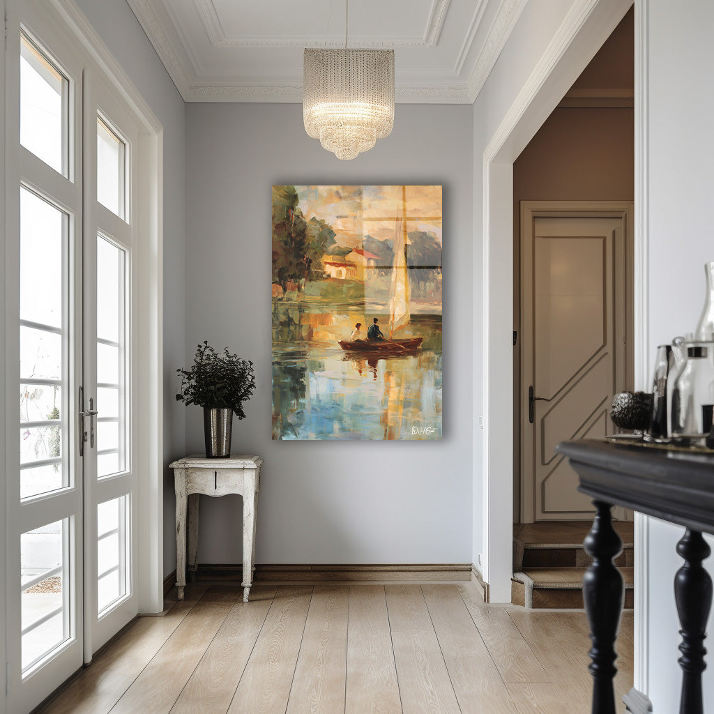 Altın Işıkta Kayık cam tablo — iç mekân uygulama örneği