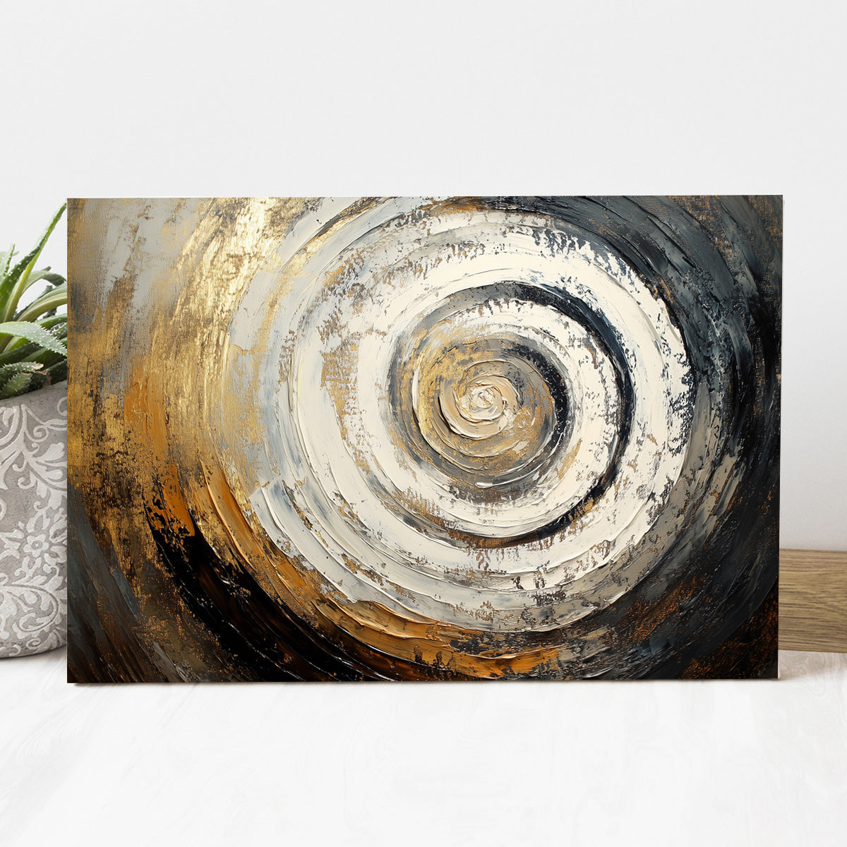 Altın Kahve Spiral kanvas tablo — iç mekân uygulama örneği