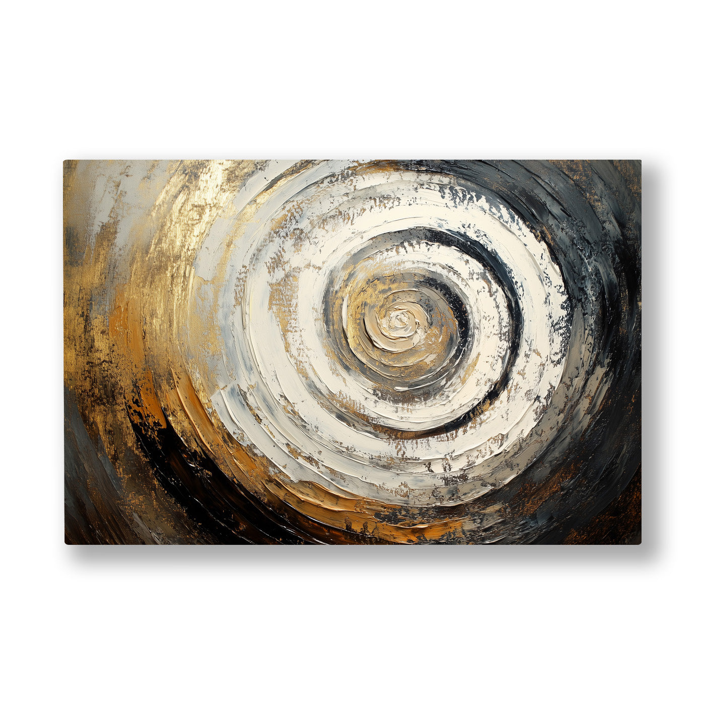 Altın Kahve Spiral kanvas tablo — Kahve ve siyahın döndüğü bir girdabın merkezinde altın bir çekirdek.