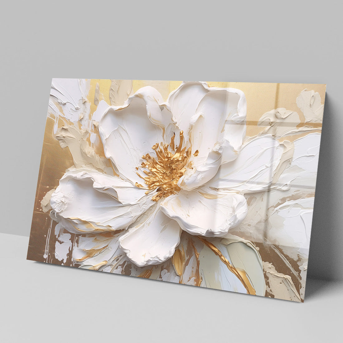 Altın Kalpli Beyaz Çiçek cam tablo — iç mekân uygulama örneği