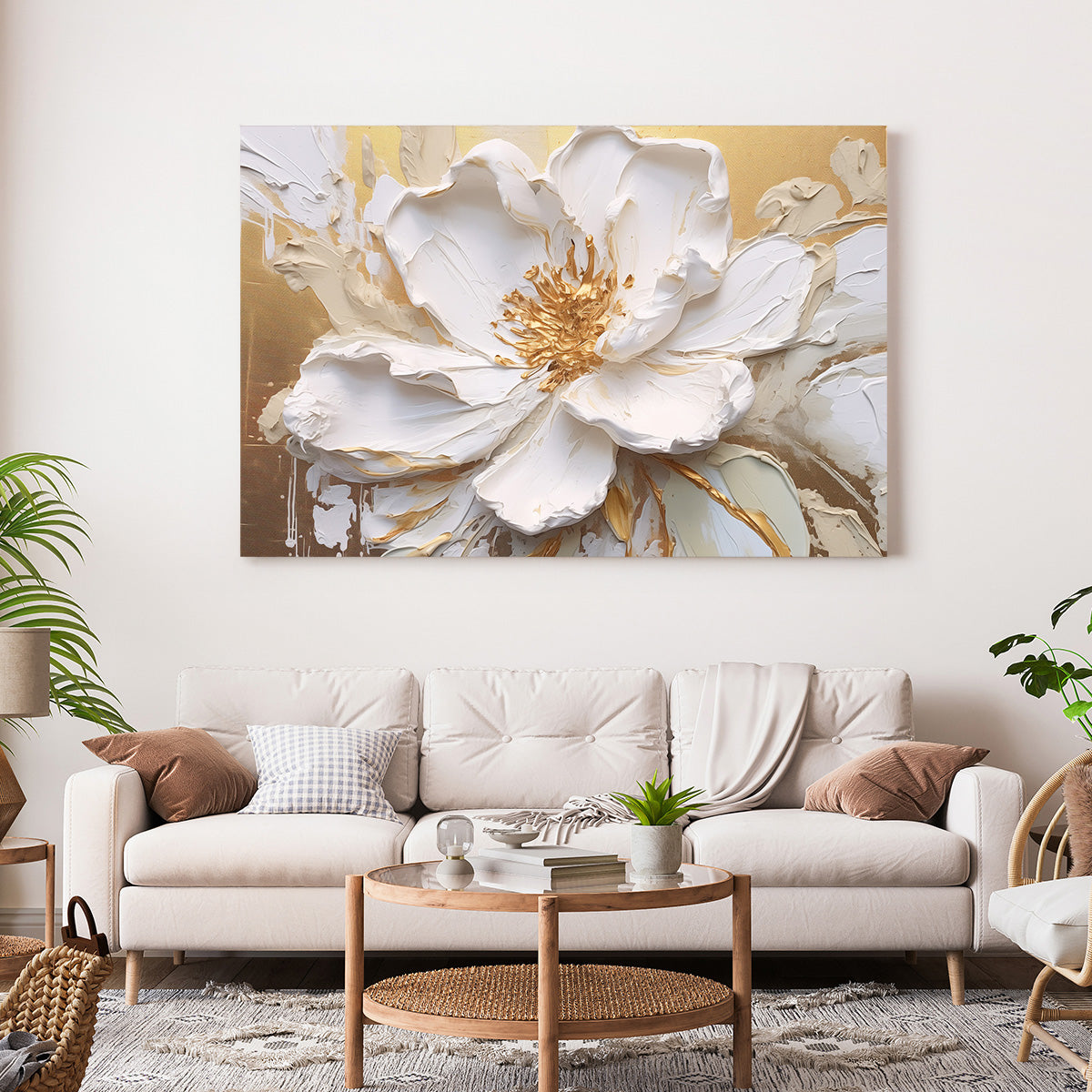 Altın Kalpli Beyaz Çiçek kanvas tablo — farklı açıdan görünüm