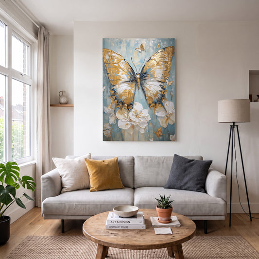 Altın Kelebek 5 kanvas tablo — duvarda dekorasyon görünümü