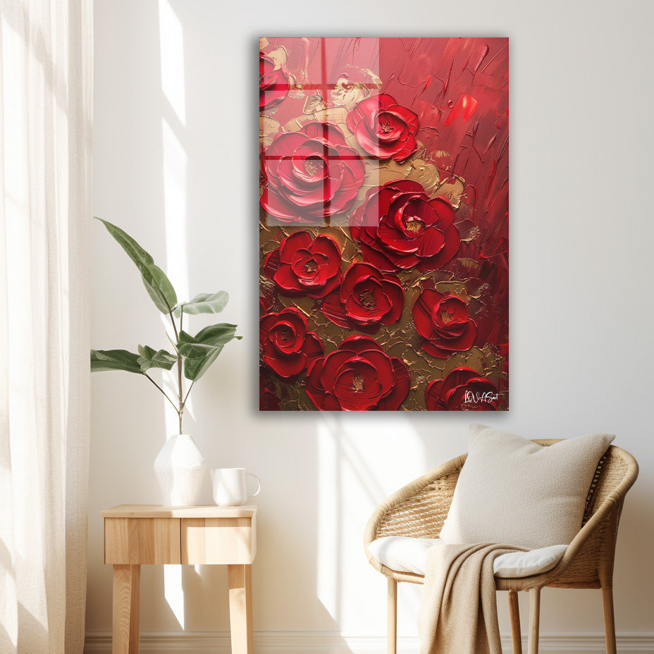 Altın Kırmızı Güller cam tablo — duvarda dekorasyon görünümü