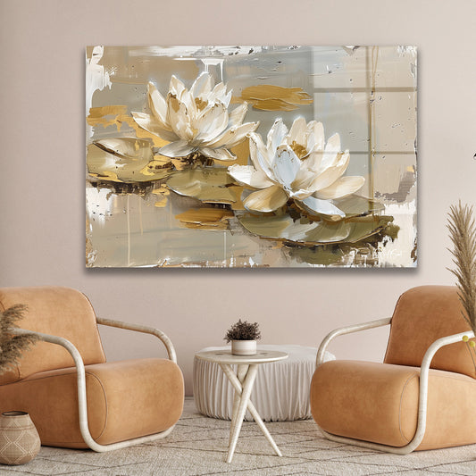 Altın Lotus 3 cam tablo — duvarda dekorasyon görünümü