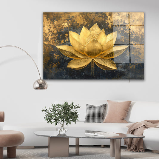 Altın Lotus cam tablo — duvarda dekorasyon görünümü