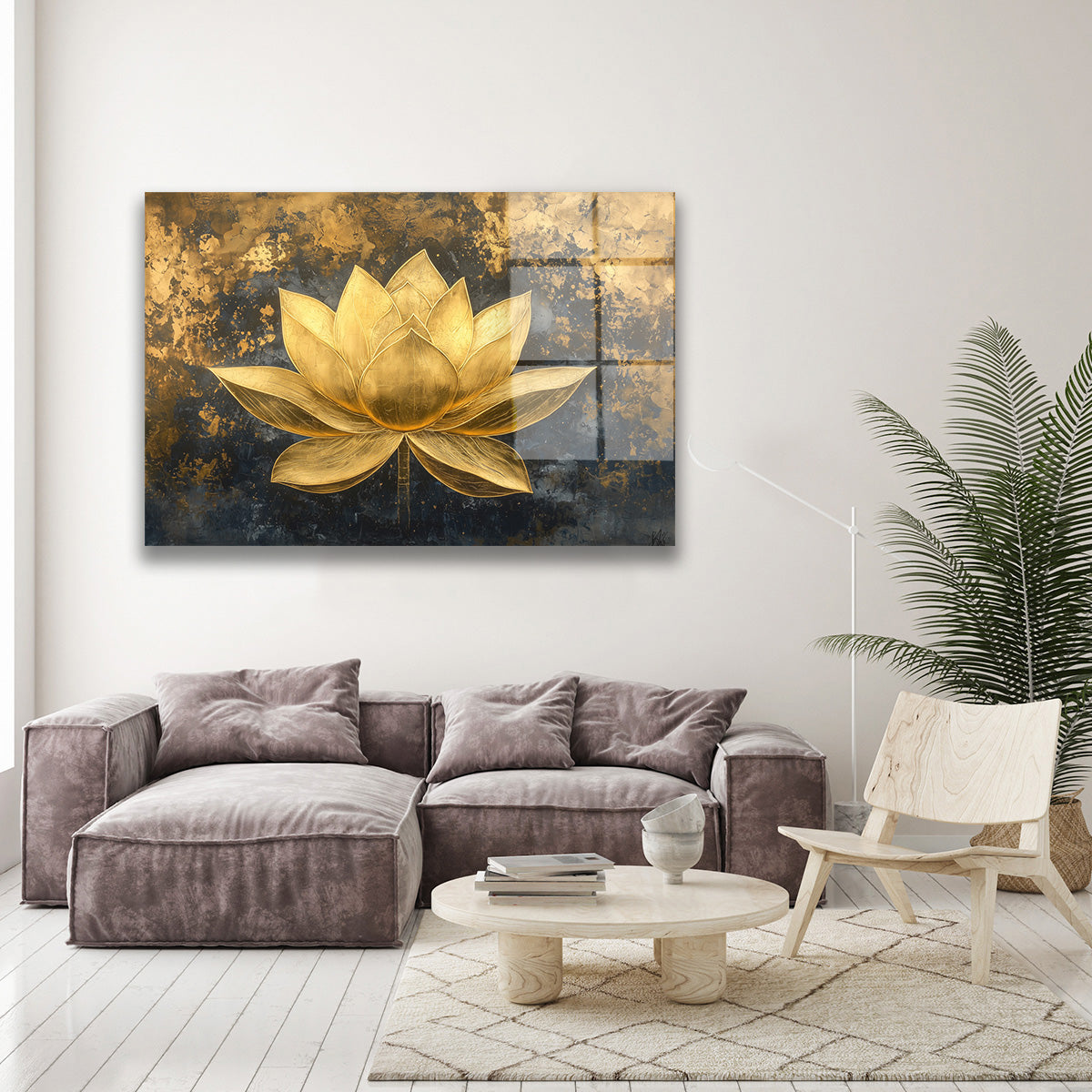Altın Lotus cam tablo — farklı açıdan görünüm
