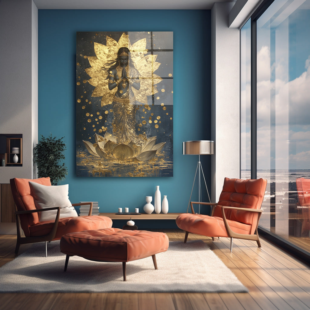Altın Lotus Meditasyonu cam tablo — farklı açıdan görünüm