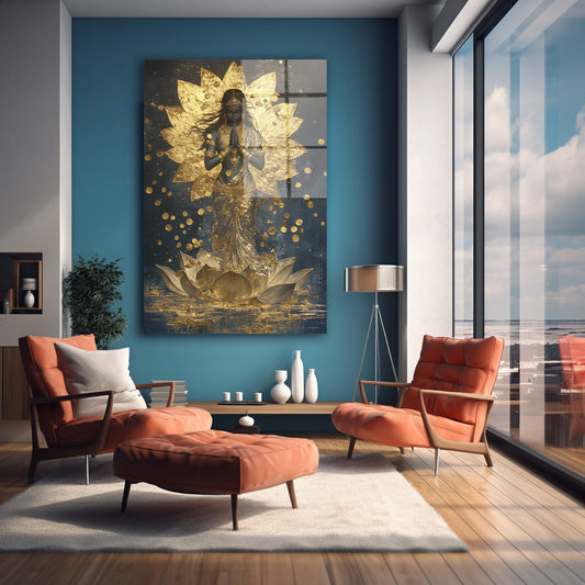 Altın Lotus Meditasyonu cam tablo — farklı açıdan görünüm