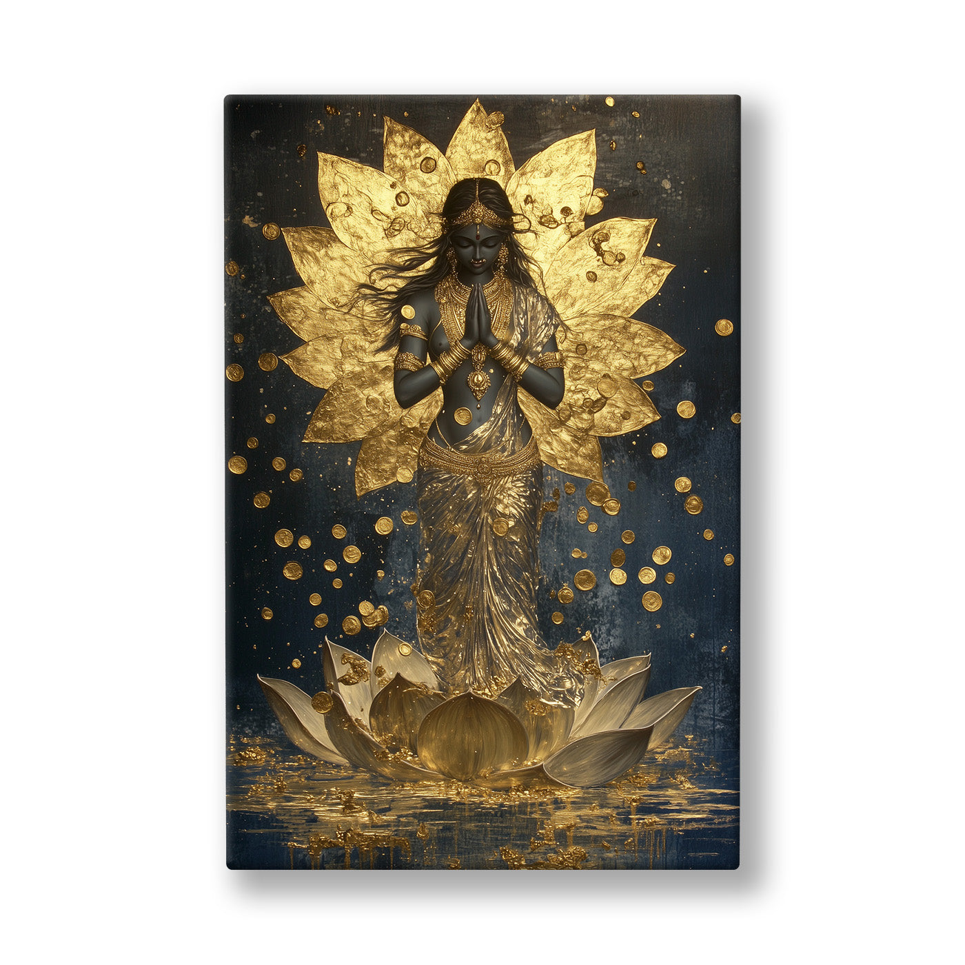 Altın Lotus Meditasyonu kanvas tablo — Altın lotusun kalbinde ellerini birleştirmiş, ışıyan bir figür.
