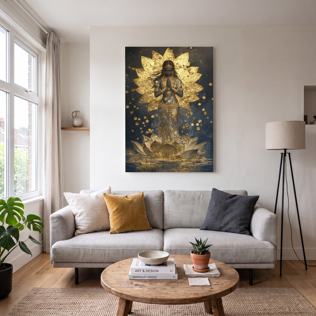 Altın Lotus Meditasyonu kanvas tablo — duvarda dekorasyon görünümü
