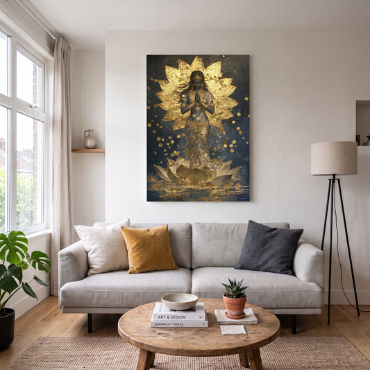 Altın Lotus Meditasyonu kanvas tablo — duvarda dekorasyon görünümü