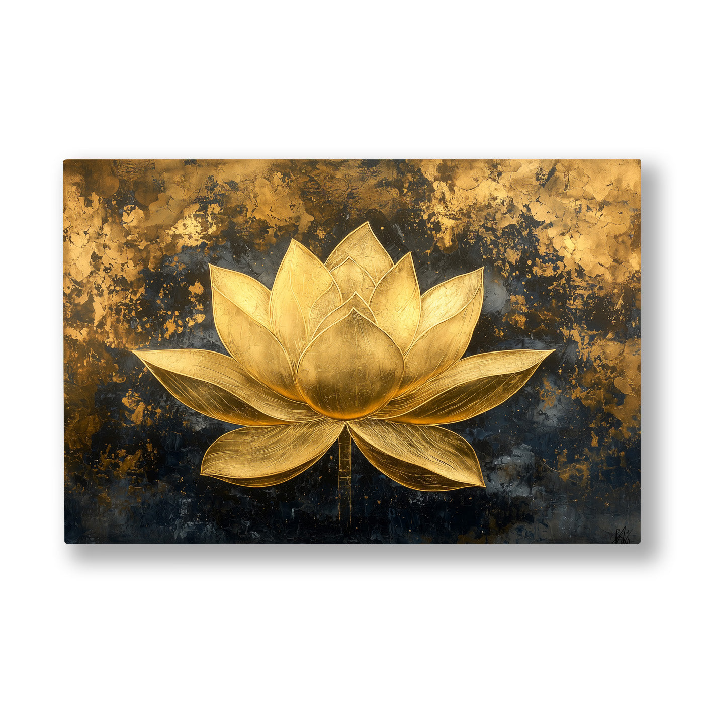 Altın Lotus kanvas tablo — Karanlık bir zeminden yükselen kusursuz altın bir lotus çiçeği.