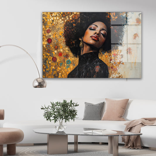 Altın Mozaikli Afro Kadın cam tablo — farklı açıdan görünüm