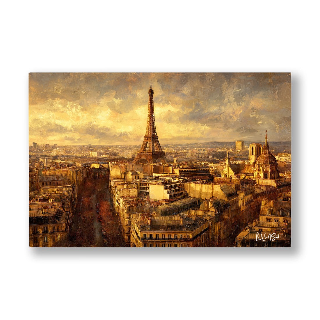 Altın Paris Çatıları kanvas tablo — Altın bir gün batımında uzanan Paris çatıları ve uzaktaki Eyfel Kulesi.