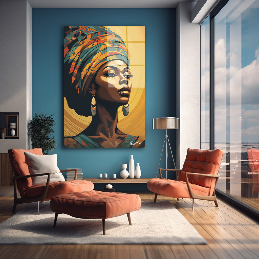 Altın Sarıklı Afrikalı Kadın cam tablo — farklı açıdan görünüm