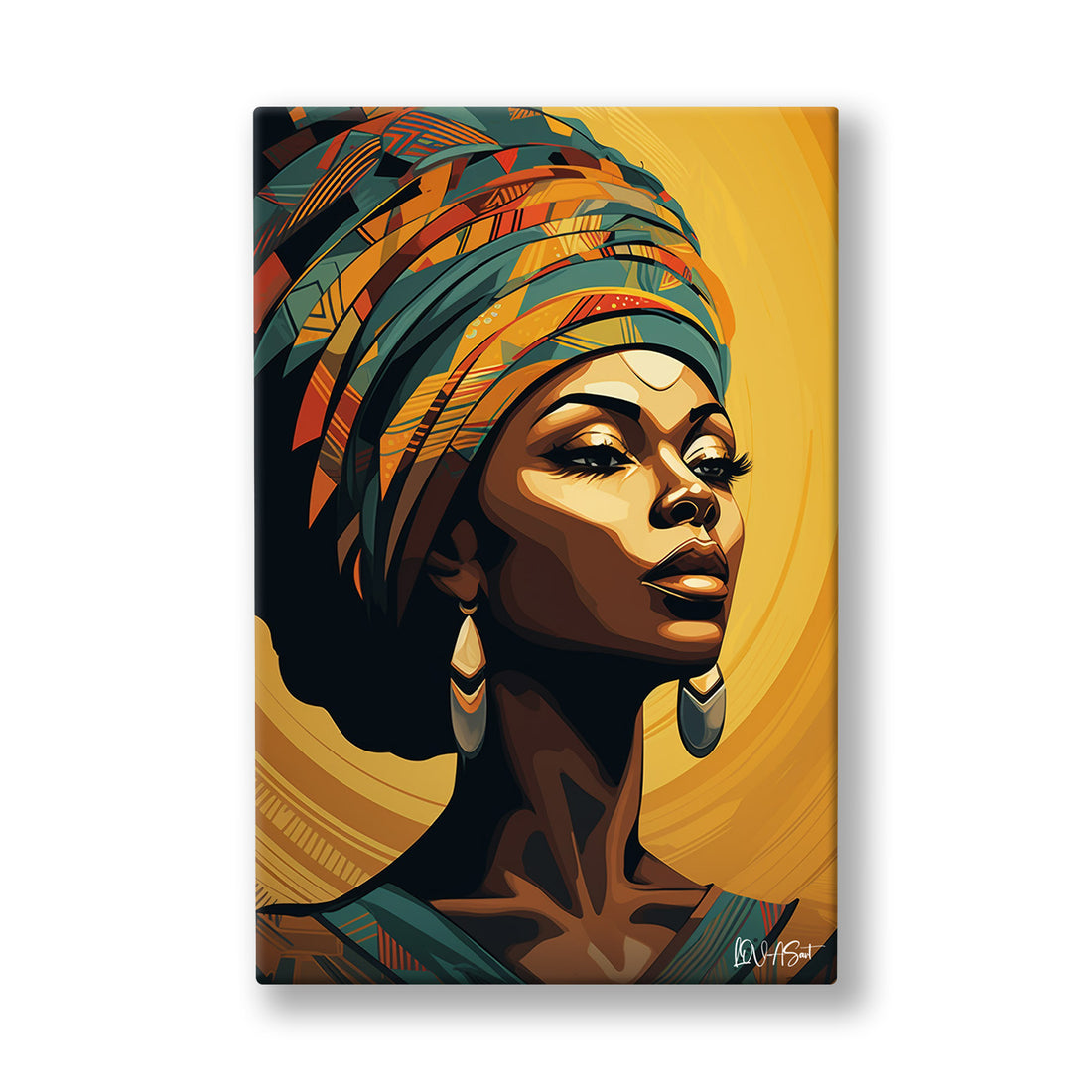 Altın Sarıklı Afrikalı Kadın kanvas tablo — Turuncu ve turkuaz sarığıyla dimdik bakan Afrikalı bir kadının portresi.