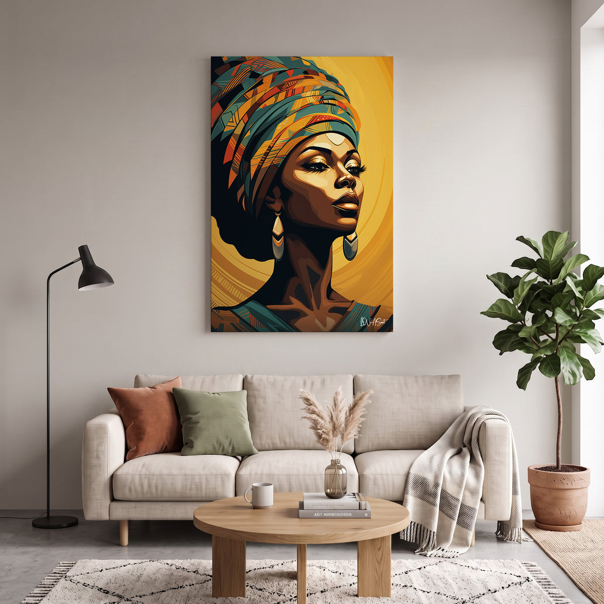 Altın Sarıklı Afrikalı Kadın kanvas tablo — duvarda dekorasyon görünümü