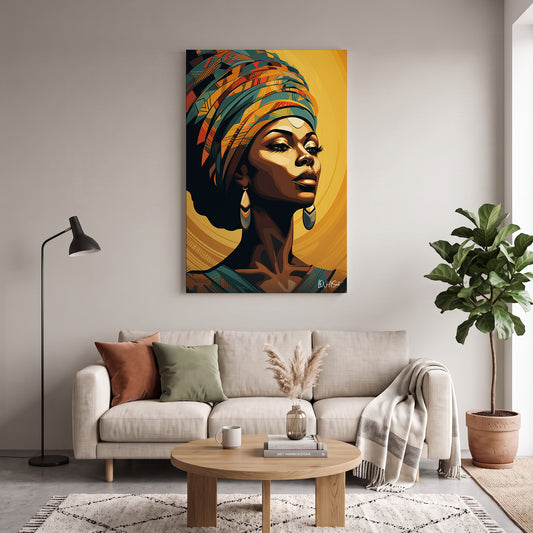 Altın Sarıklı Afrikalı Kadın kanvas tablo — duvarda dekorasyon görünümü