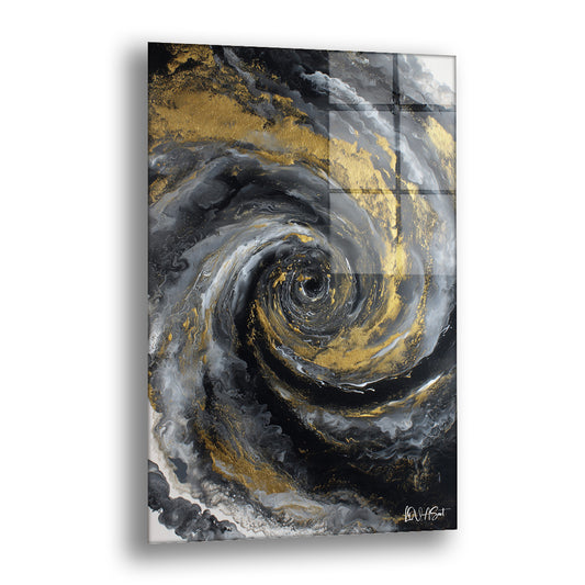 Altın Sarmal cam tablo — siyah, gri ve altın dalgaların merkezde bir girdaba dönüştüğü, fırtınalı bir gökyüzünü andıran güçlü